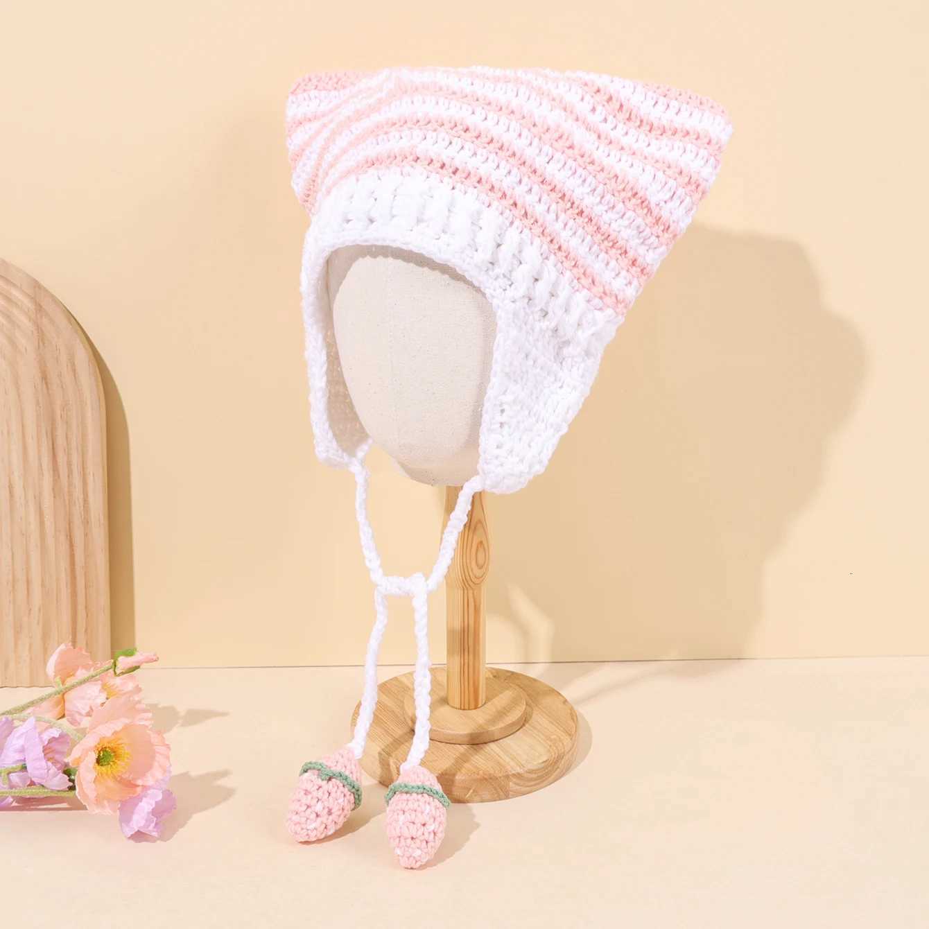 Cute cat ear handmade knitted hat ear demon horn striped beanies hat suitable for Halloween gift Y250920