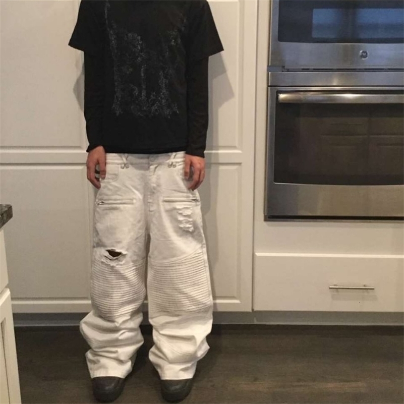 Y2K Retro White Jeans Pocket Versatile Holes Ruched Biker Denim Pants Fashion High Street Streetwear Unisex Baggy Pants 250919