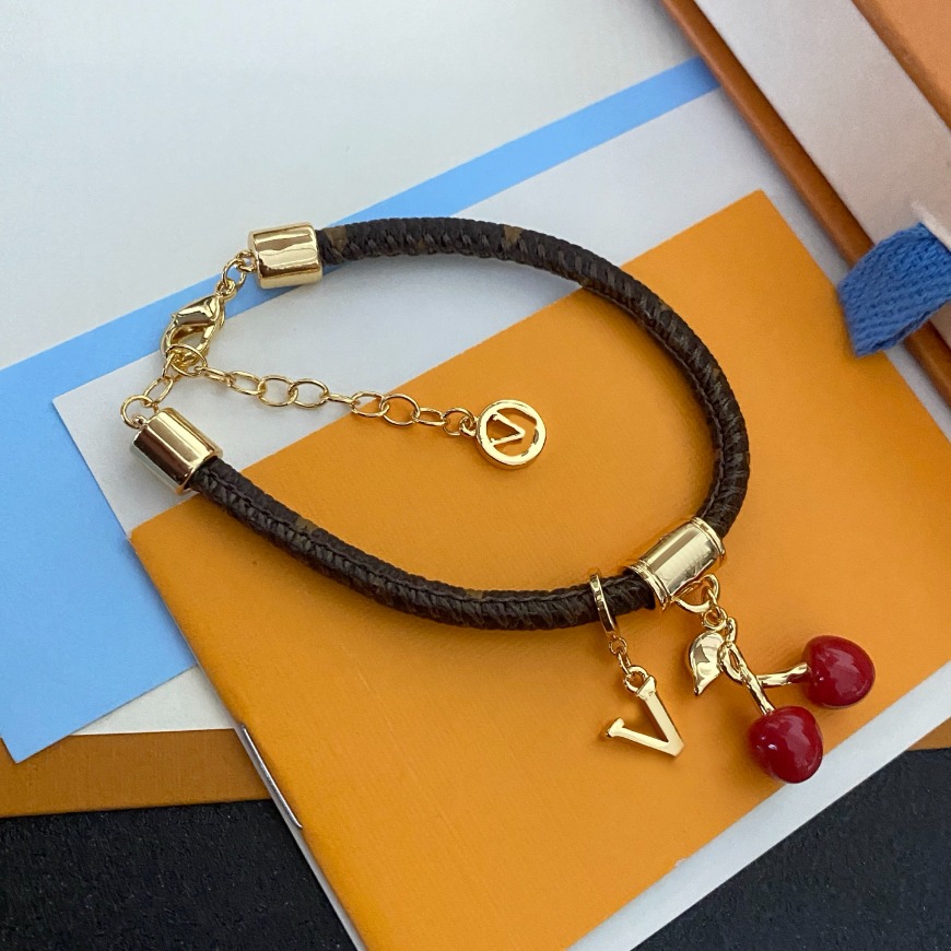 Gold - Toned Bracelet With Brown Leather Cord Cherry Charms Delicate Daily Playful Jewelry Gifts For Her Cute And Stylish Accessory