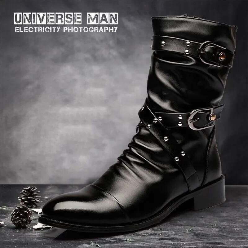 Pointed Toe Men's Mid-calf Buckle Strap Boot for Men Leather Mens Motorcycle Boots High Top Man Winter Shoe