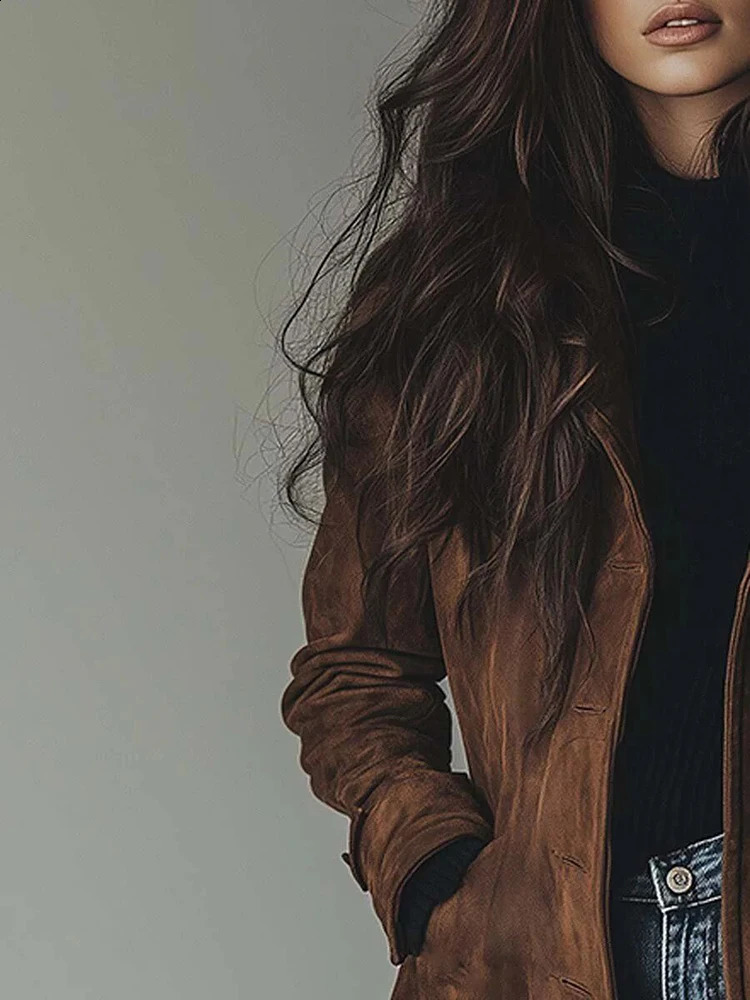 Elegant Suede Long Trench Women Coat Vintage Pocket Single Breasted Sleeve Outerwear Windbreaker Fall Outdoor Female Jacket 250920
