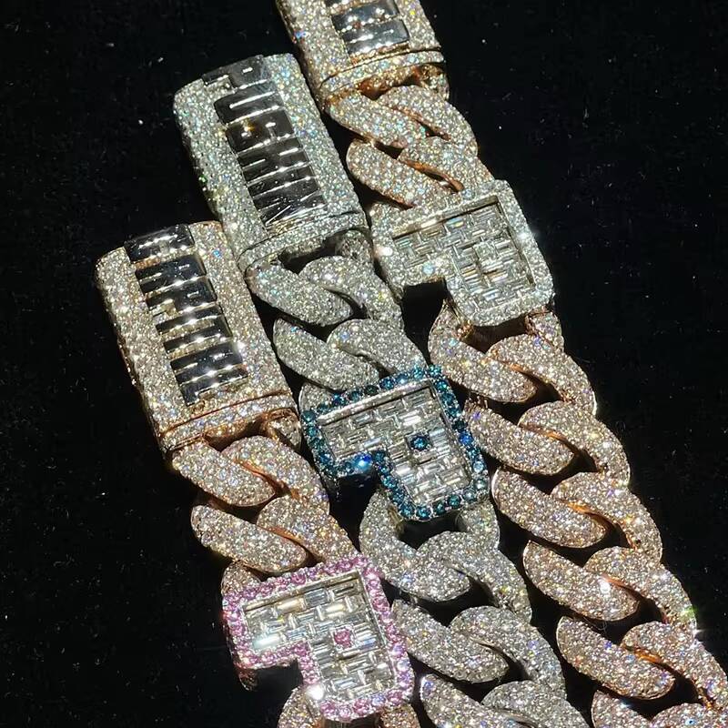 Customized Trend Luxury Bus Down Shiny Rapper Jewelry 925 Silver Rose Gold Plated 20mm Wide Moissanite Diamond Miami Cuban Link