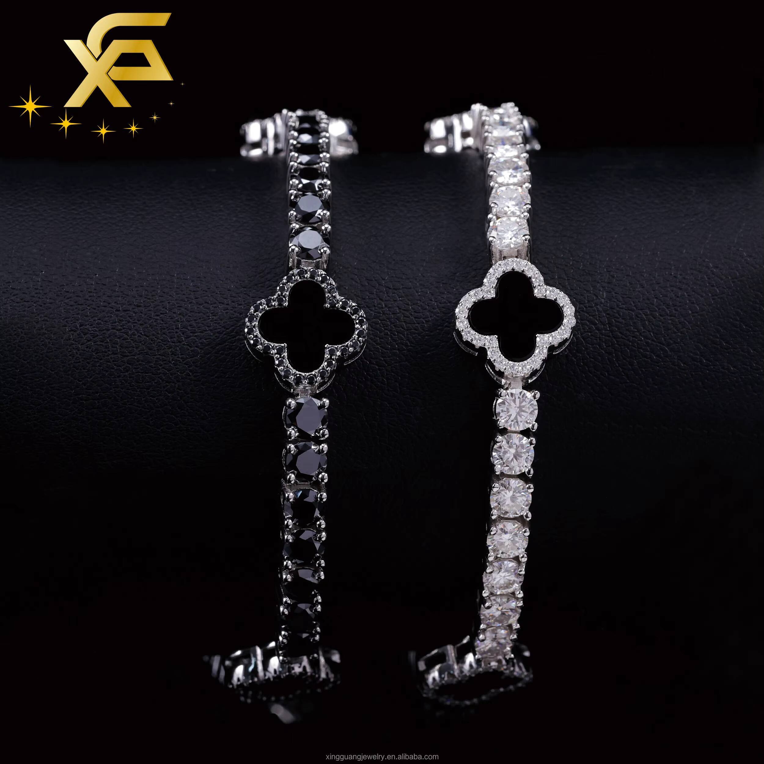 Black Color Moissanite Four Leaf Clover Bracelet S925 Silver 3mm5mm VVS Moissanite Clover Tennis Bracelet For Women
