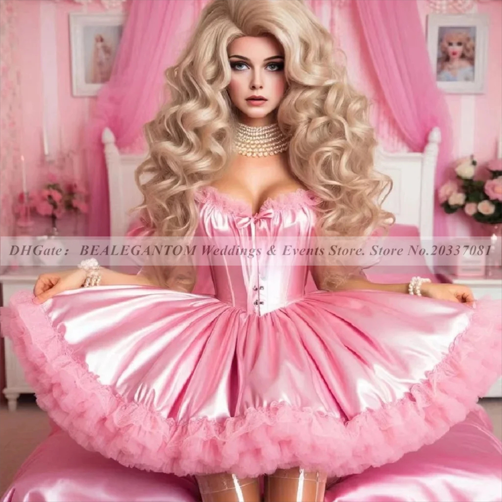 Graceful Pink Cosplay Prom Dresses Short Sleeve Ruffles Costume Mini Cocktail Lolita Birthday Party Customized Formal Occasion Evening Gown BQ36