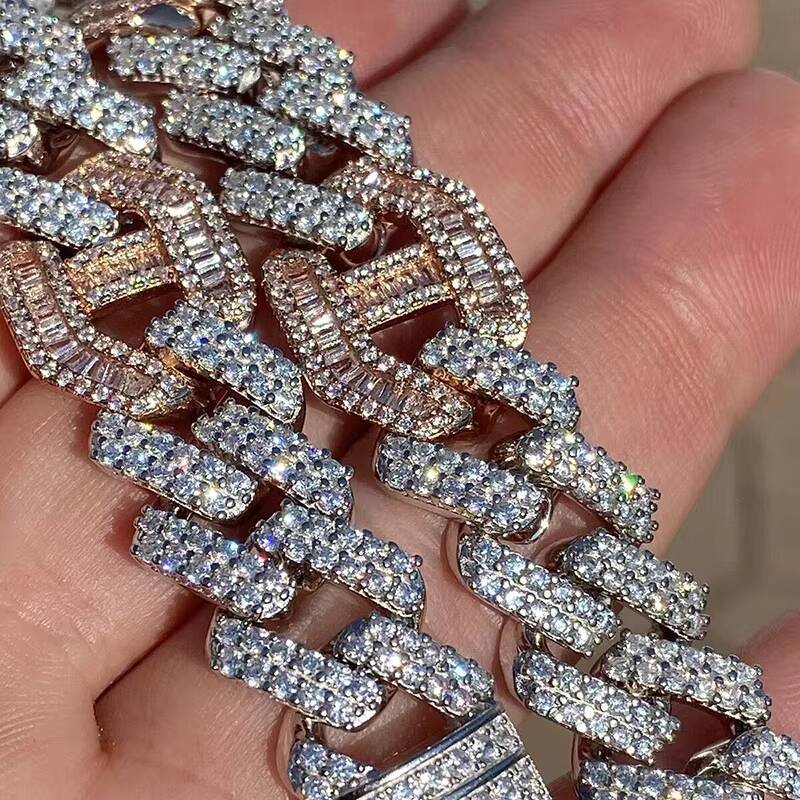 15mm Luxury Diamond Hip Hop Jewelry 925 Silver Baguette Cut Double D Moissanite Iced Out Cuban Link Bracelet