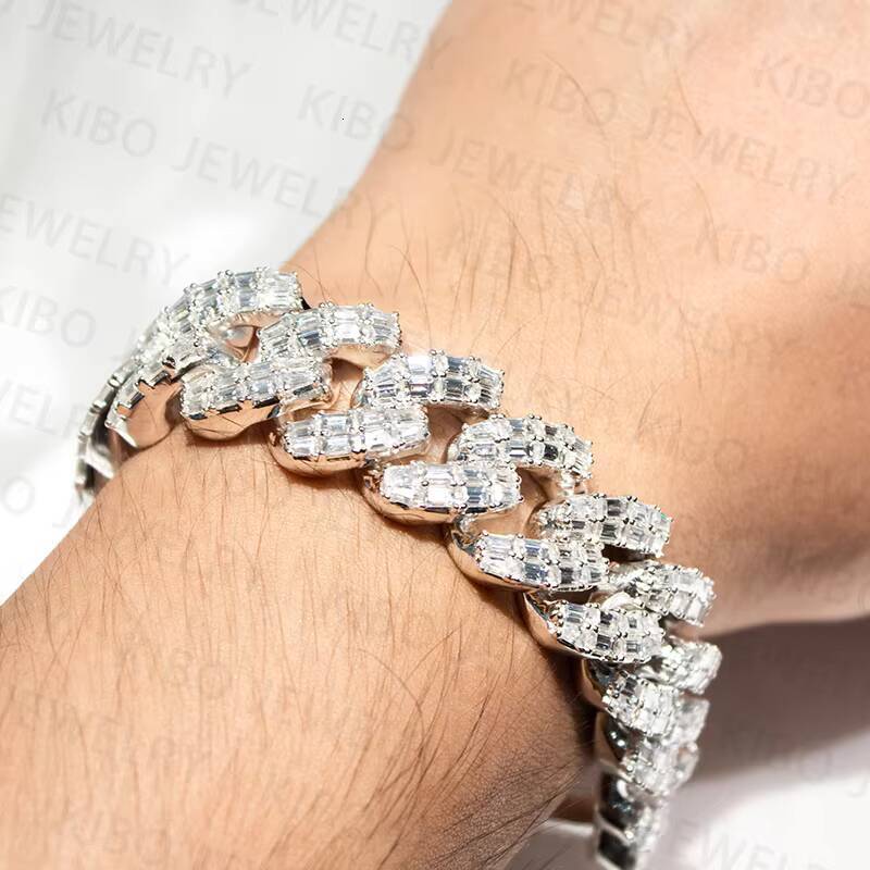 Cuban Link Chain Pass Diamond Tester Hip Hop Customized Trend Clasp 18mm Iced Out Baguette Cut Moissanite Chain 925 Silver Chain for Men