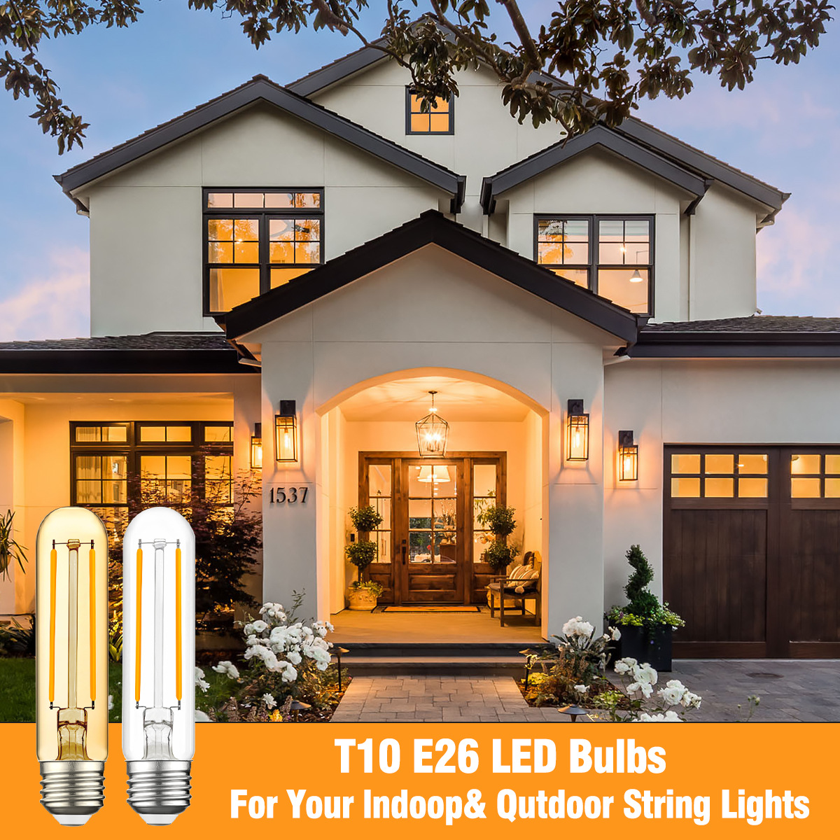 T10 E26 LED Bulbs 4W Dimmable, 40W/60W Equivalent Glass Light Bulbs for Indoor Outdoor String Lights, 2700K-4000K Warm White, 25000 Hours Lifespan-HCP