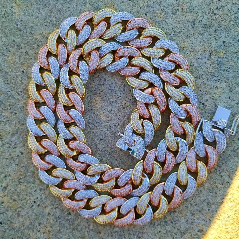 Customized Trend Iced Out VVS Hiphop 3 Color 18mm Miami Cuban Necklace 925 Sterling Silver Bling Cuban Chain