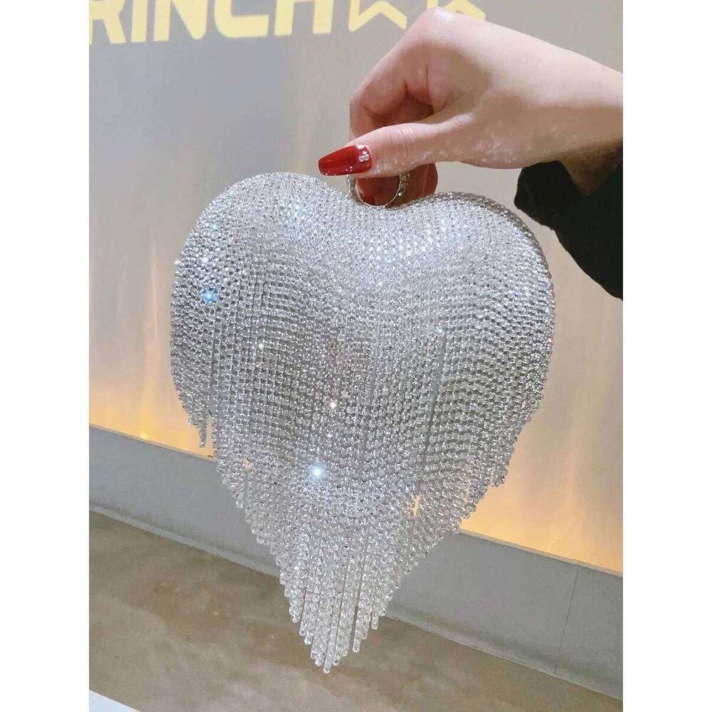 Designer Luxury Rhinestone Clutch Heart Shape Tassel Purse Dia Wedding Party Handbag Sliver Gold Handle Evening Bag