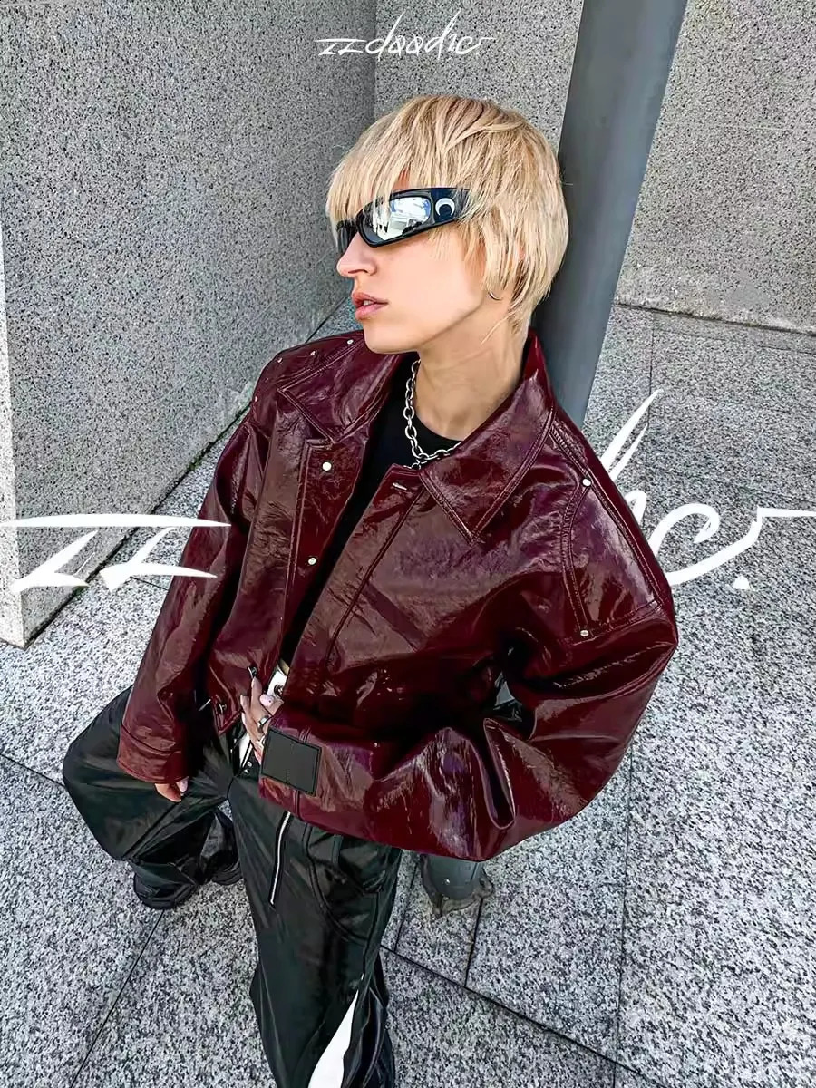 Lautaro Autumn Cool Short Oversized Pu Leather Jacket Women Shoulder Pads Zippper High Quality American Retro Punk Style Clothes 260618CJ - view 6