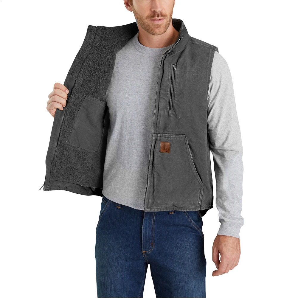 Mens sherpa lined duck cotton work vest vintage washed mock canvas hunting tactical sleeveless fleece jacket winter waistcoats 250920