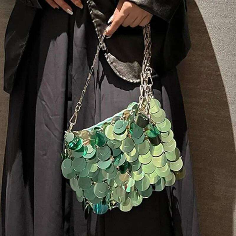 Designer Luxury For PVC Sequins Chain Woven Bag Women Hollow Evening Bags Purses And Handbags
