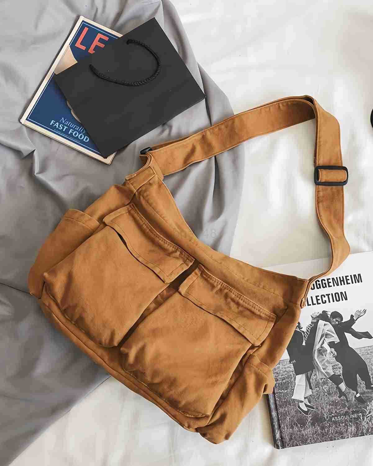 LauthenS Grunge Bag Canvas Hobo Crossbody Shoulder Tote Bag for Women and Men Large Messenger Bag with Multiple PocketsZ250920