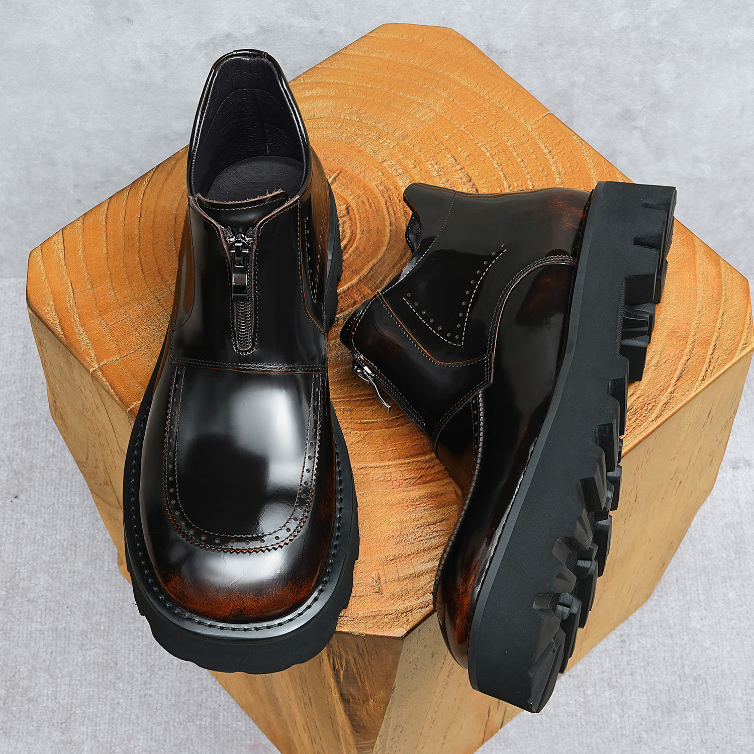 High Top Mens Full Grain Leather Work Boots - Smooth Shine Design & Durable Construction for Everyday Wear