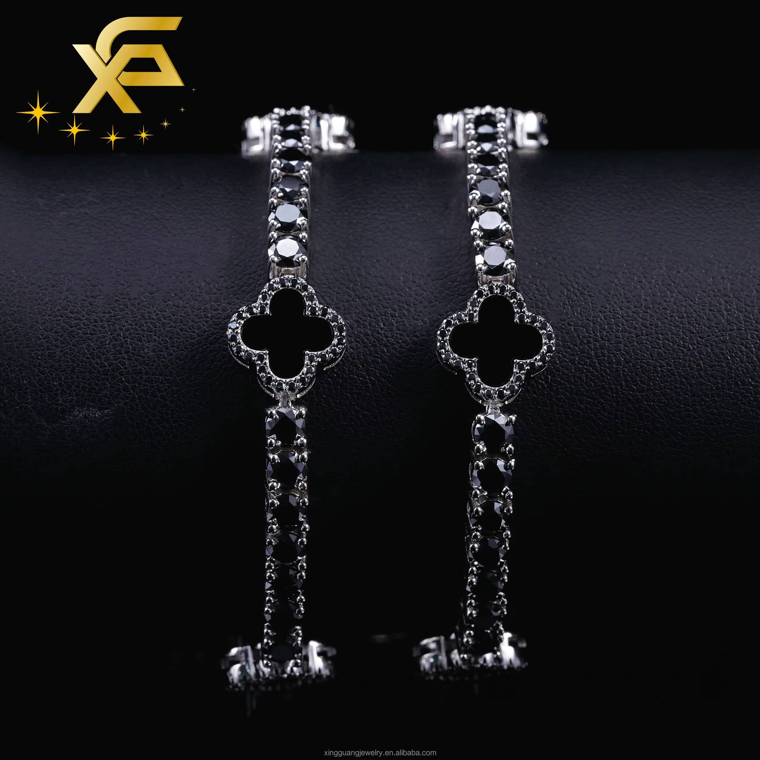 Black Color Moissanite Four Leaf Clover Bracelet S925 Silver 3mm5mm VVS Moissanite Clover Tennis Bracelet For Women