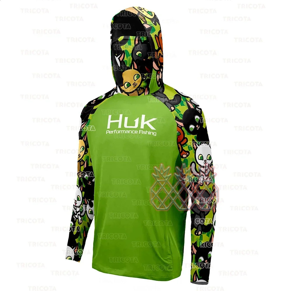HUK Men Fishing Hoodie Cartoon Shirts Neck Mask Long Sleeve Quick Dry Fishing Apparel Cap Breathable UV Protection Angling Tops 250919