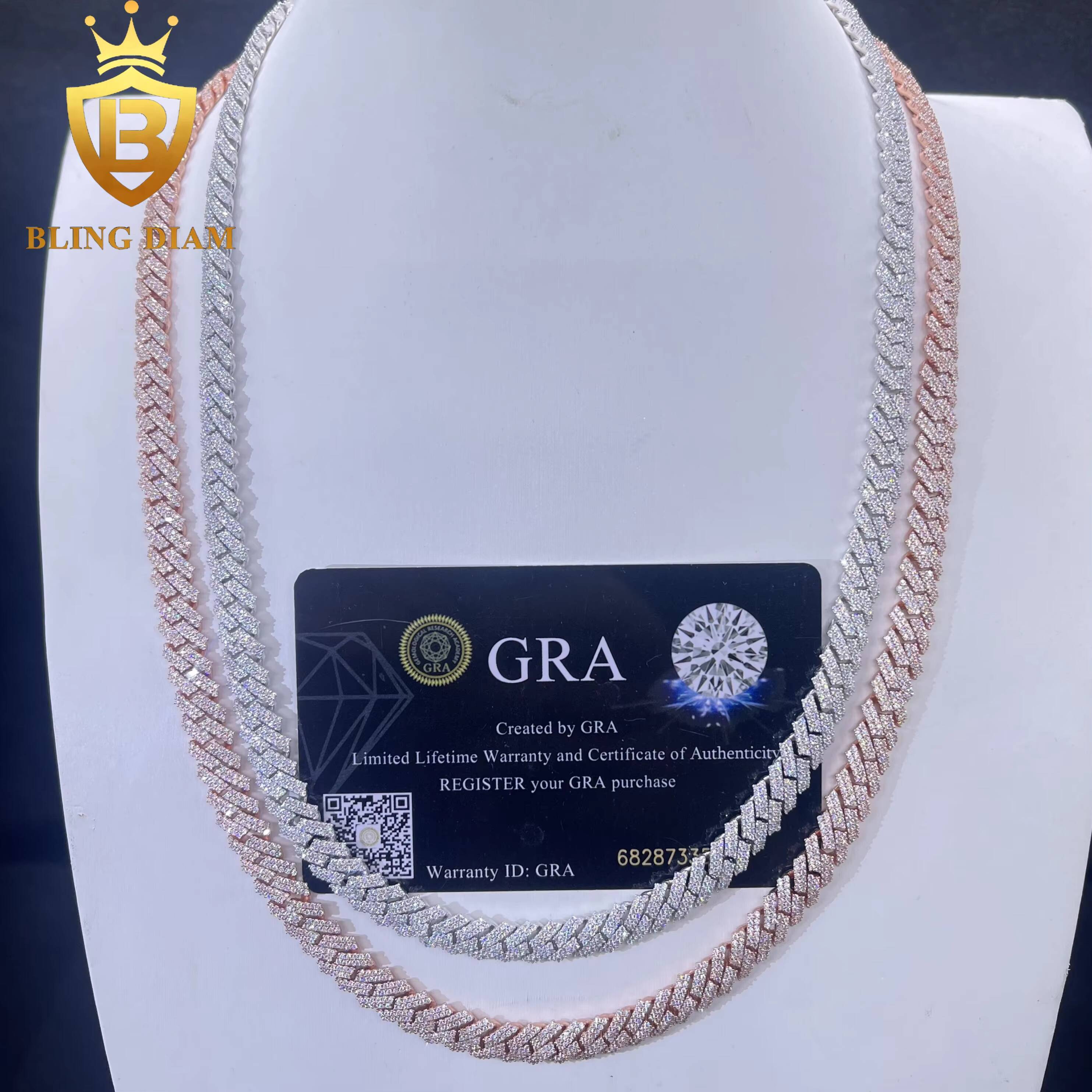 8mm Hip Hop Jewelry 2 Rows Moissanite Iced Out Miami Rose Gold Cuban Link Chain 925 Sterling Silver Necklace for Men