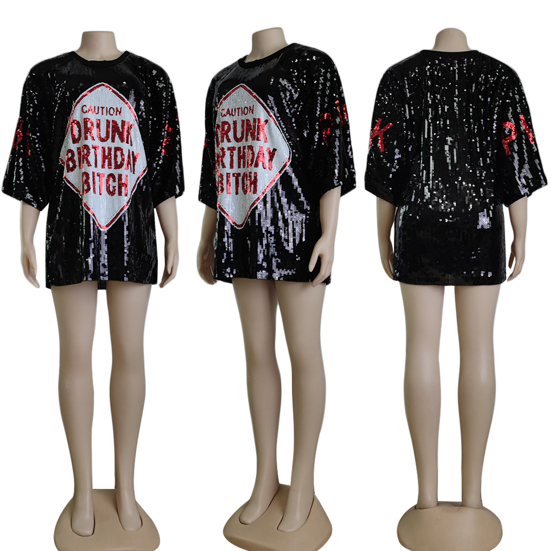 Streetwear Hip Hop Women's T-Shirt Loose Short Sleeved Round Neck Night Club Letter Sequined Top