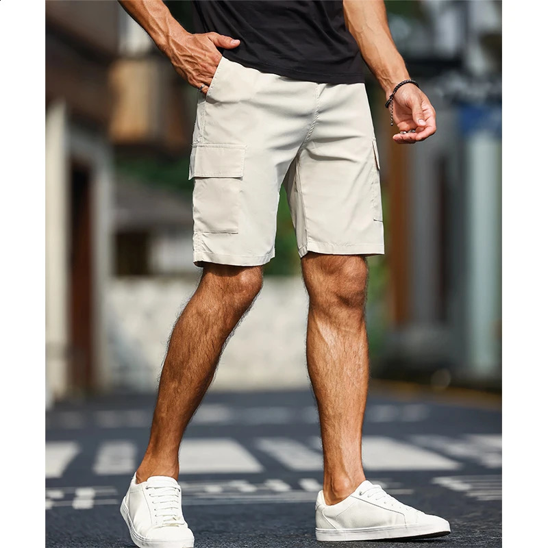 Mens Solid Color Cargo Shorts with Pockets Drawstring Waist Elastic Side Loose Fit Chino Summer Lightweight Trousers 250920