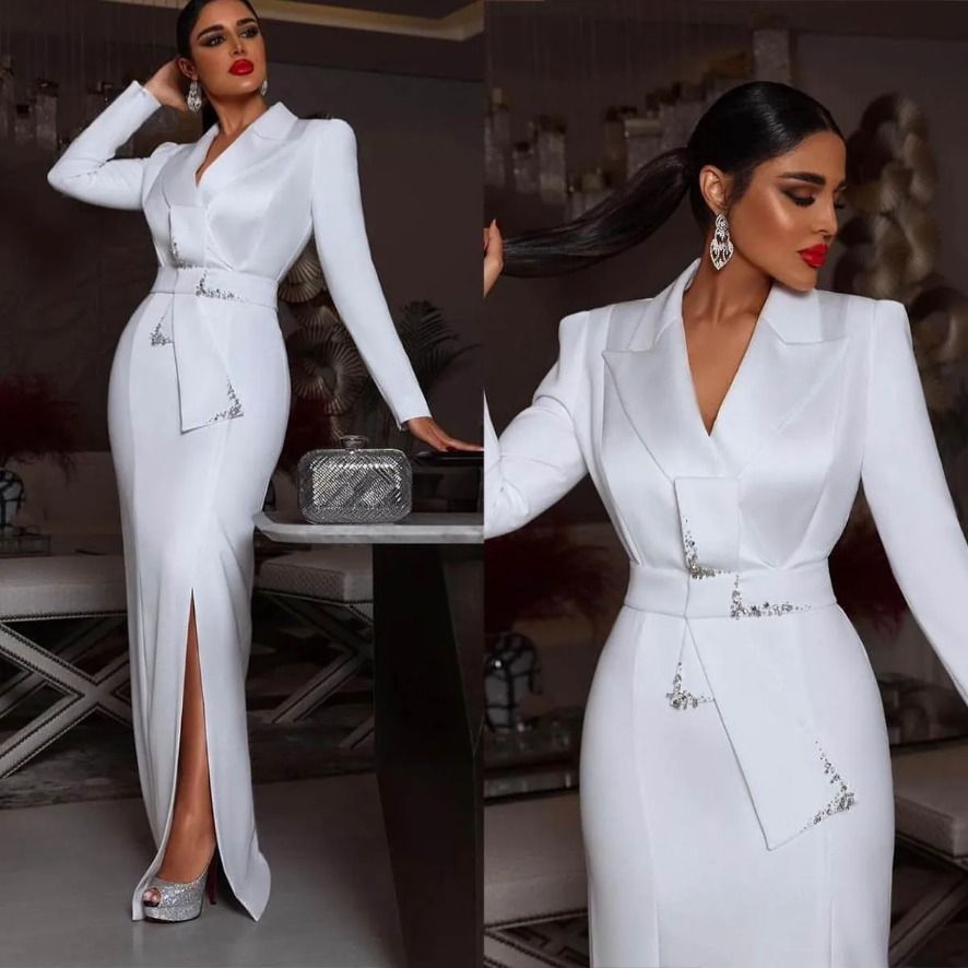 White Women Blazer Dress Plus Size Slim Jacket With Belt Prom Evening Guest Formal Wear Custom Made Satin 0919