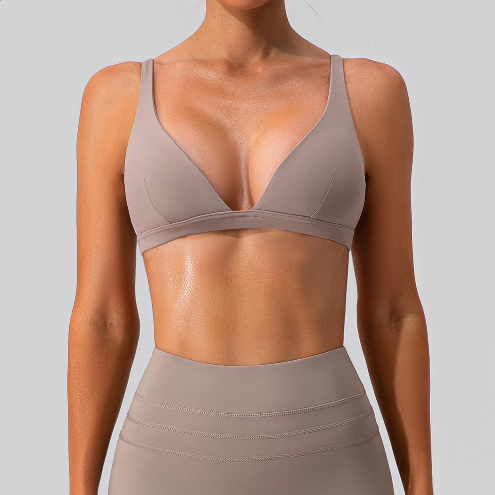 Sports Bra for Women Sexy Deep V-Neck Triangle Bra Yoga Top Buttery Soft Open Back Padded Fitness Gym Crop Top 241031