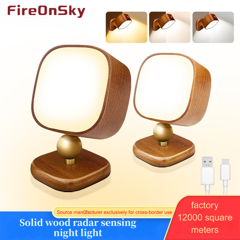Walnut Ash Wood Radar Sensor Night Light, USB Rechargeable Touch Control Dimmable Bedside Lamp, Eye-Caring Solid Wood Nightlight for Bedroom Nursery D