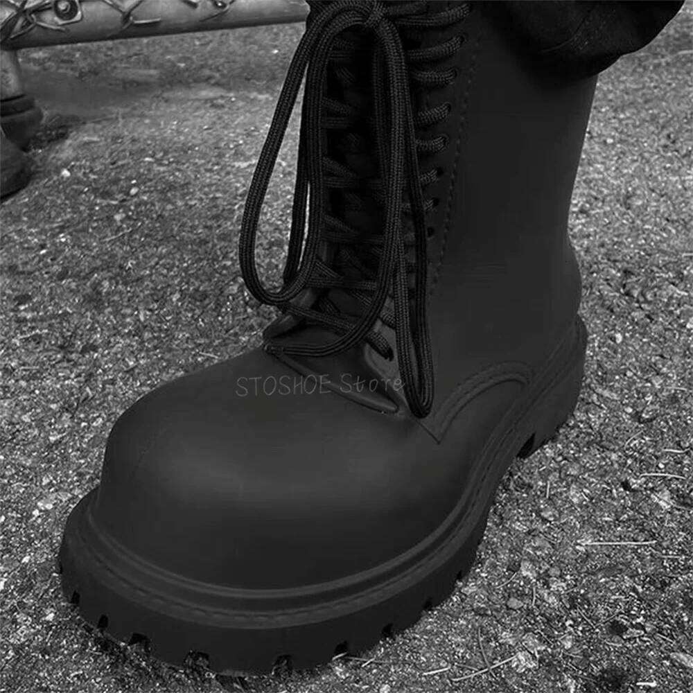 Thick Bottom Black for Men New Women Derby Toe Lace Up Short Boots Brand Design Male Big Size 40-45