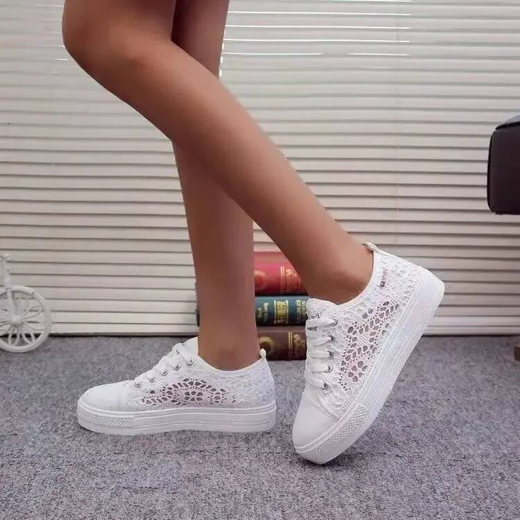 Women 2023 Fashion Summer Casual White Cutouts Lace Hollow Breathable Platform Flat Shoes Woman Sneakers ddmypanda