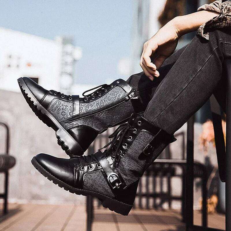 Pointed Toe Men's Mid-calf Buckle Strap Boot for Men Leather Mens Motorcycle Boots High Top Man Winter Shoe