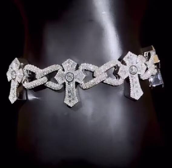 Iced Out Baguette VVS Moissanite Hiphop Cross Beads ChainBracelet 925 Sterling Silver Customized Trend Cuban Link Chain