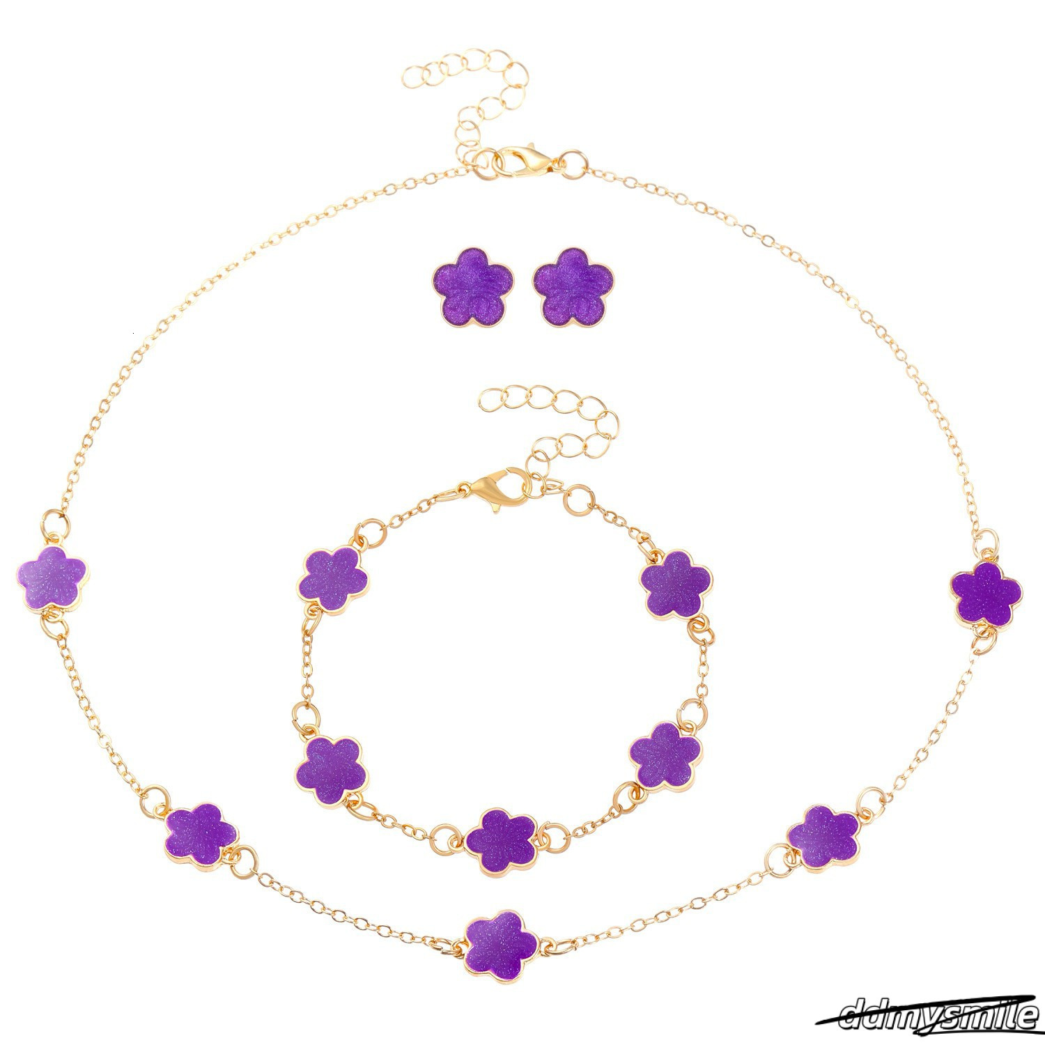 Chic Floral Accents - Complete Matching Bracelet/Necklace With Delicate Five Petal Design ddmysmile