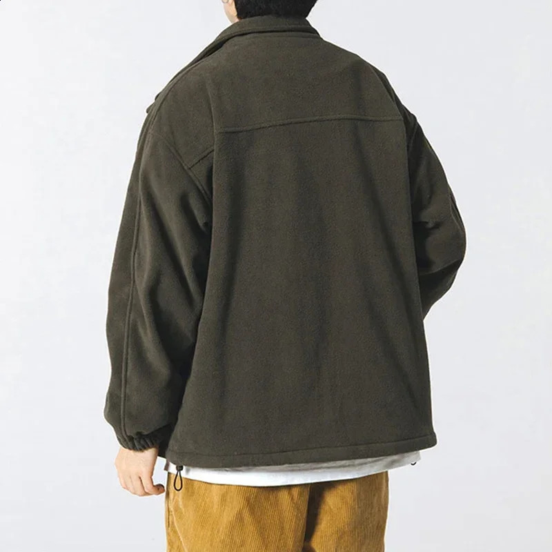 Autumn Mens Vintage Polar Fleece Jackets Appliques Zipper Loose Fit Outwear Lambswool Coat Winter Stand Collar Bomber jacket 250906