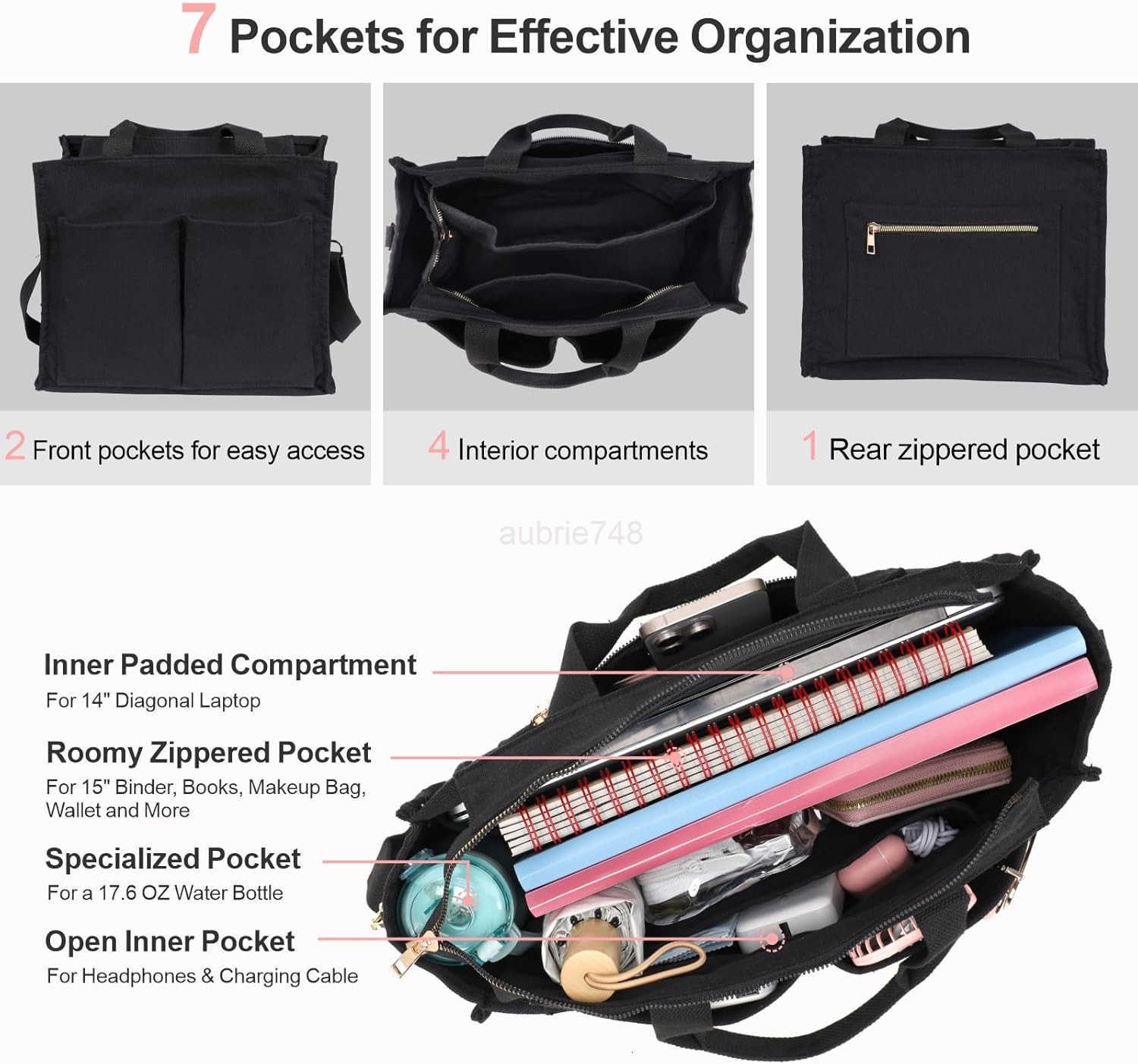 Fcolor College Tote Bag for Women Crossbody Canvas Tote Bag with Zipper 7 Pocket for Work College Teacher Nurse GiftZ250920