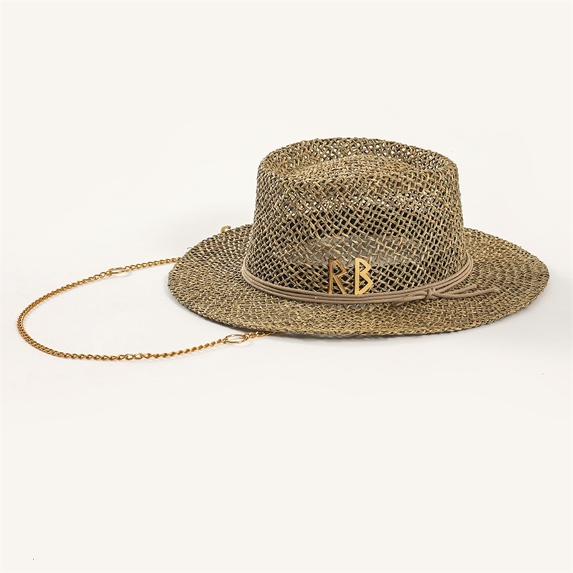 s European and American Style Pin Straw Hat Female Hollow Letter Sun Hat Fashion Metal Chain Sunshade Hat 250919