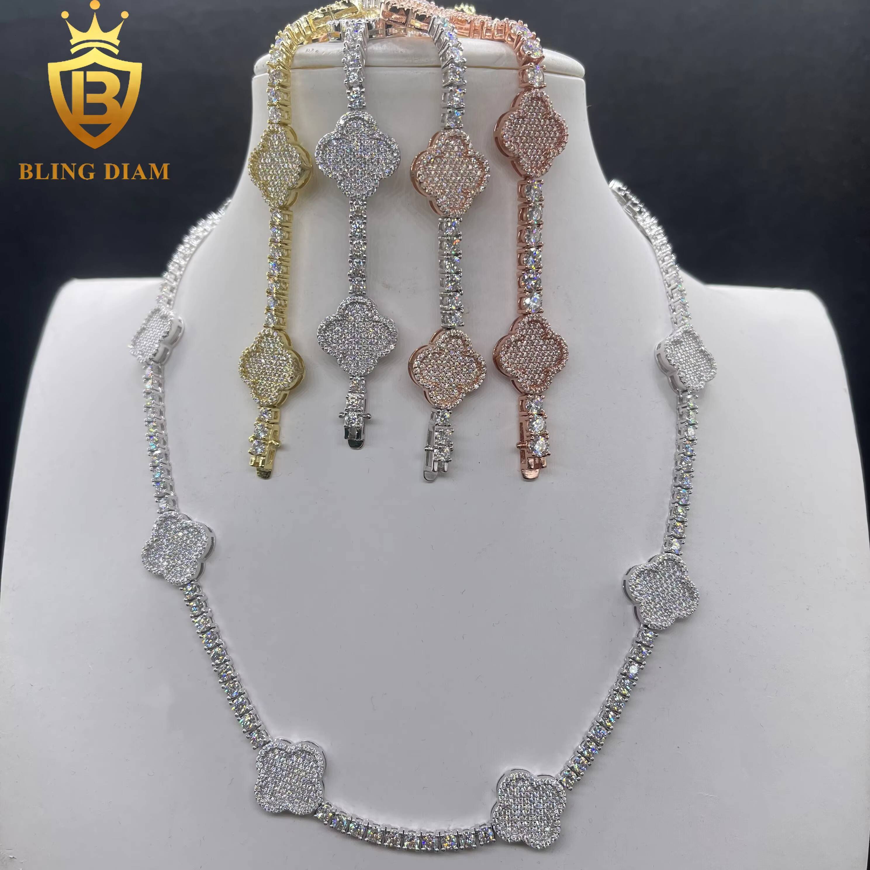 Luxury Charms Bangle Jewelry 3mm 4mm 925 Sterling Silver Rose Gold Vvs Moissanite FourLeaf Clover Bracelets for Men Women