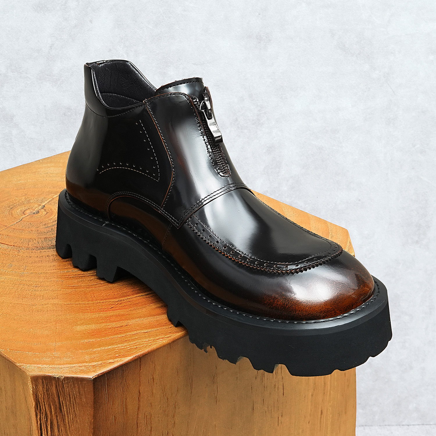 High Top Mens Full Grain Leather Work Boots - Smooth Shine Design & Durable Construction for Everyday Wear