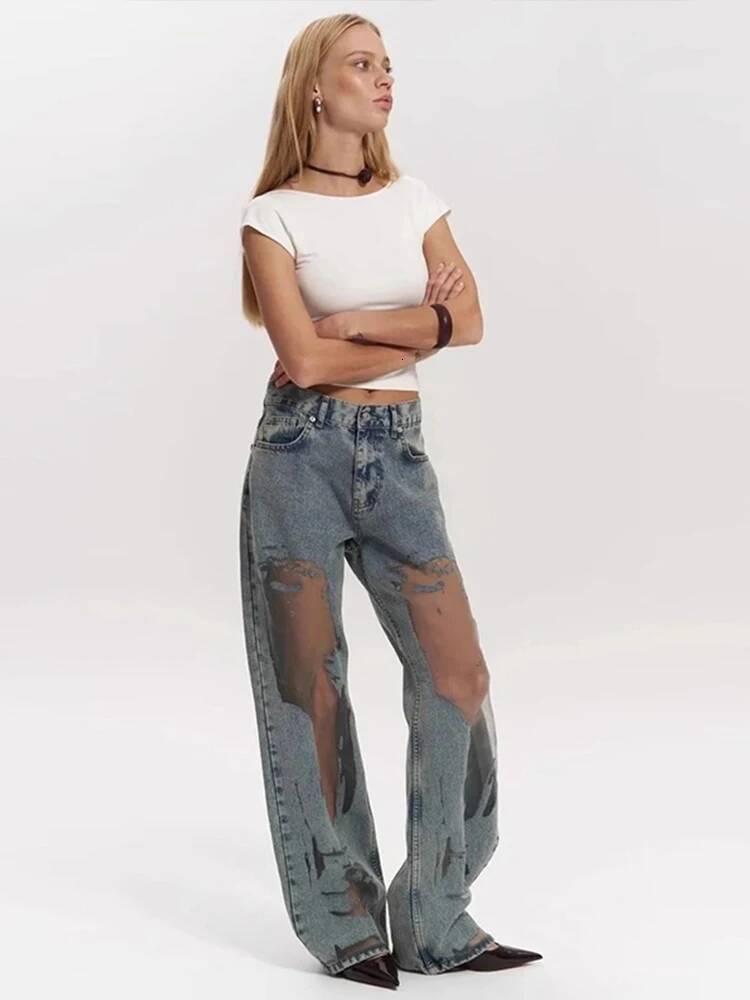 Women's Distressed Ripped Grunge Denim Jeans High Waist Straight Leg Gothic Dark Baggy Pants Trendy Hip Hop Streetwear Trousers dongdumaoyi