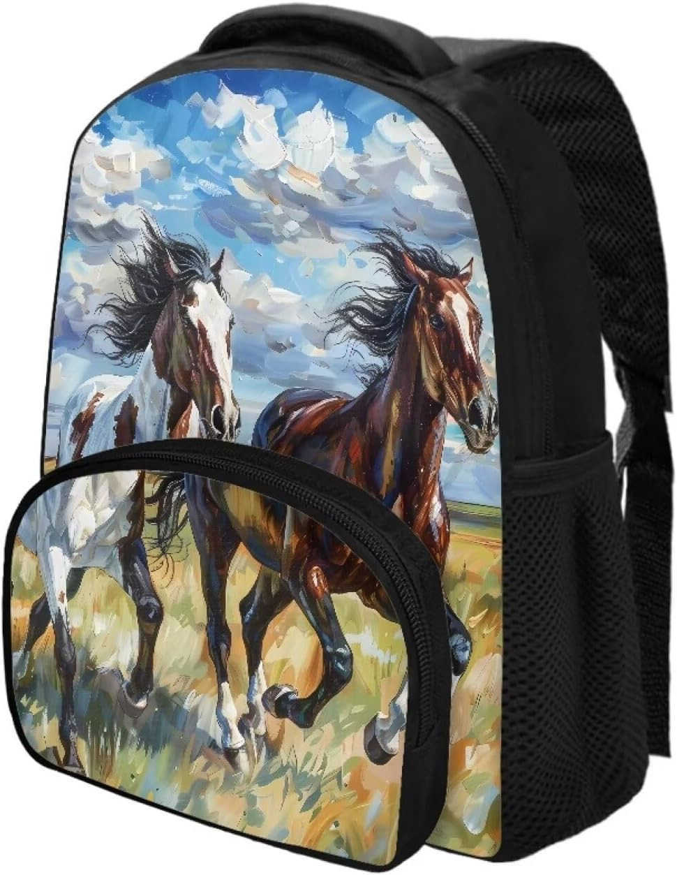 12 Inch School Bag for Girls Boys Prancing Horses Bookbag for School Oil Painting Backpack with Shoulder Straps Portable Travel Daypack with Handle Tr