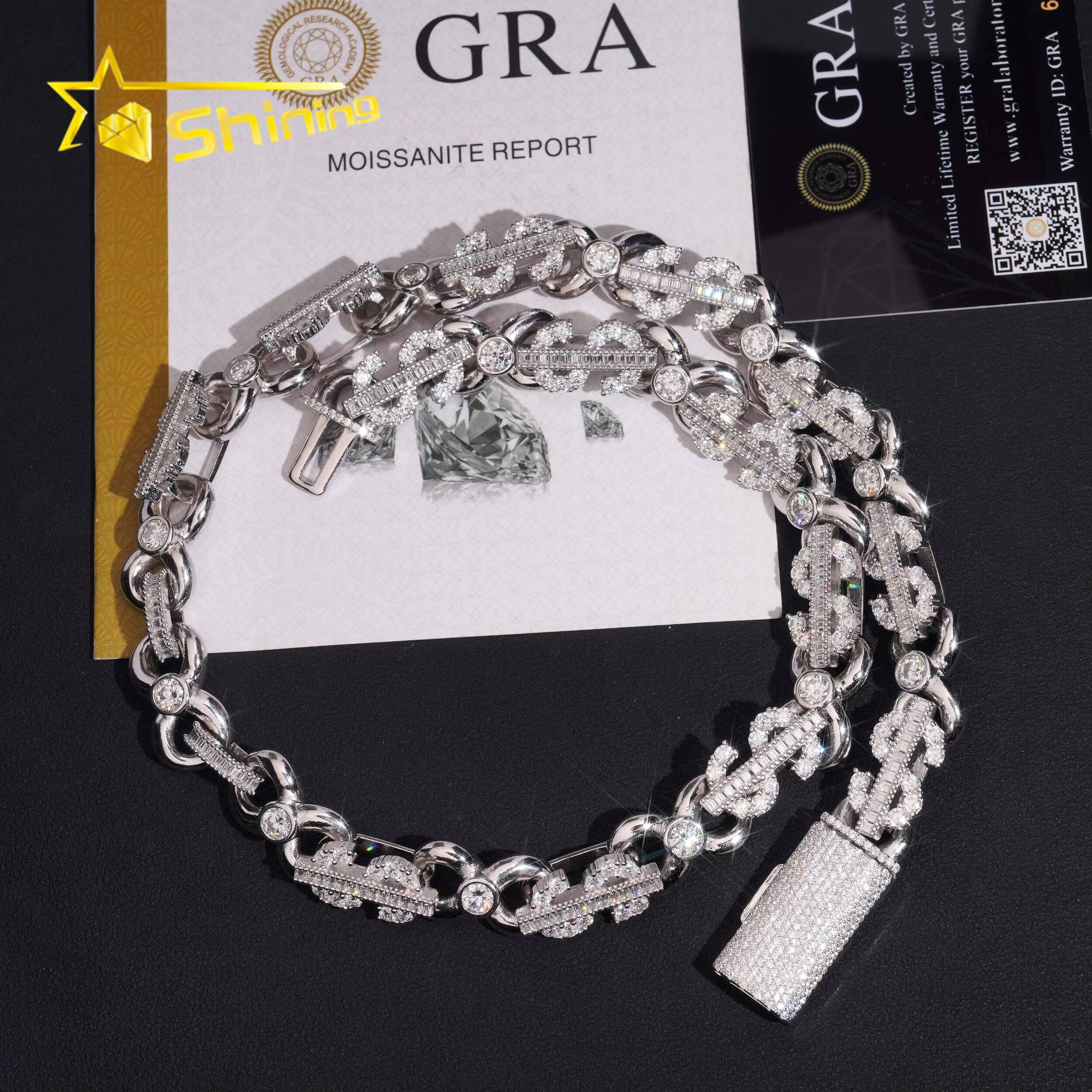 New Design Dollar Sign Necklace VVS Iced Out Baguette Moissanite Pass Diamond Test 925 Silver Gold Hip Hop Cuban Link Chain