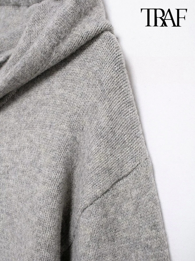 TRAF Womens Fashion FallWinter Minimalist Hooded Knit Cardigan Jacket Ribbed Hem Long Sleeve LaceUp Casual Sweater 250923