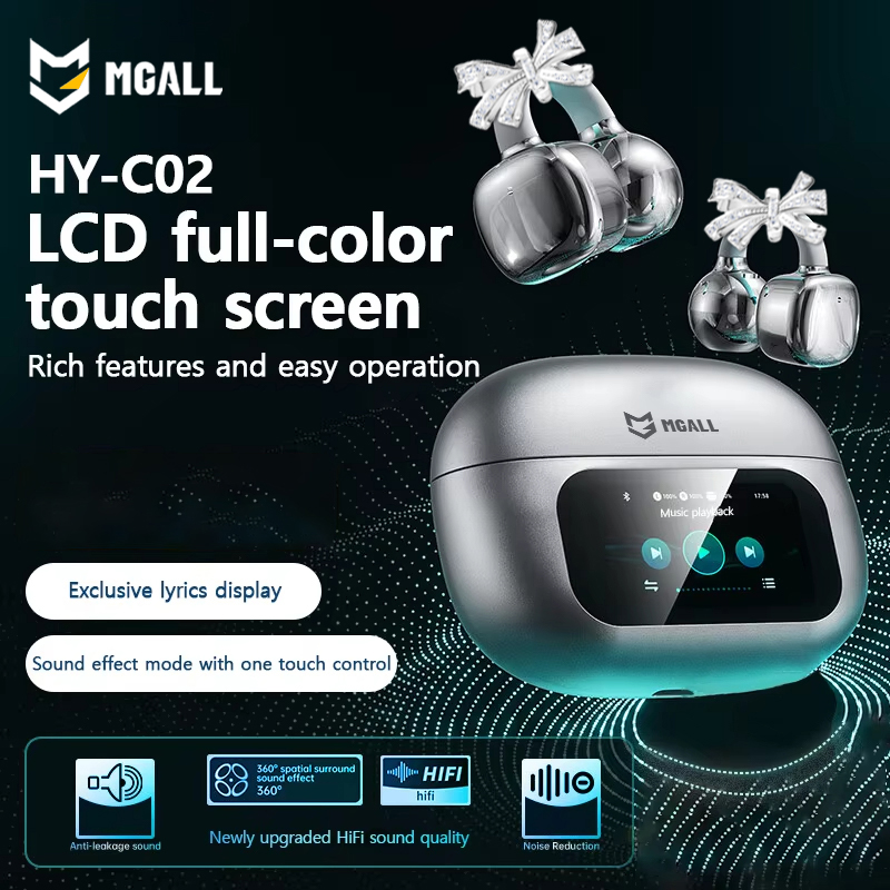 MGALL OWS Bluetooth Earphones HY-C02 Mic Noise Cancellation Stereo Sound Earbuds LCD Full Color Touch Screen Headphones Earrings Butterfly Headset Des