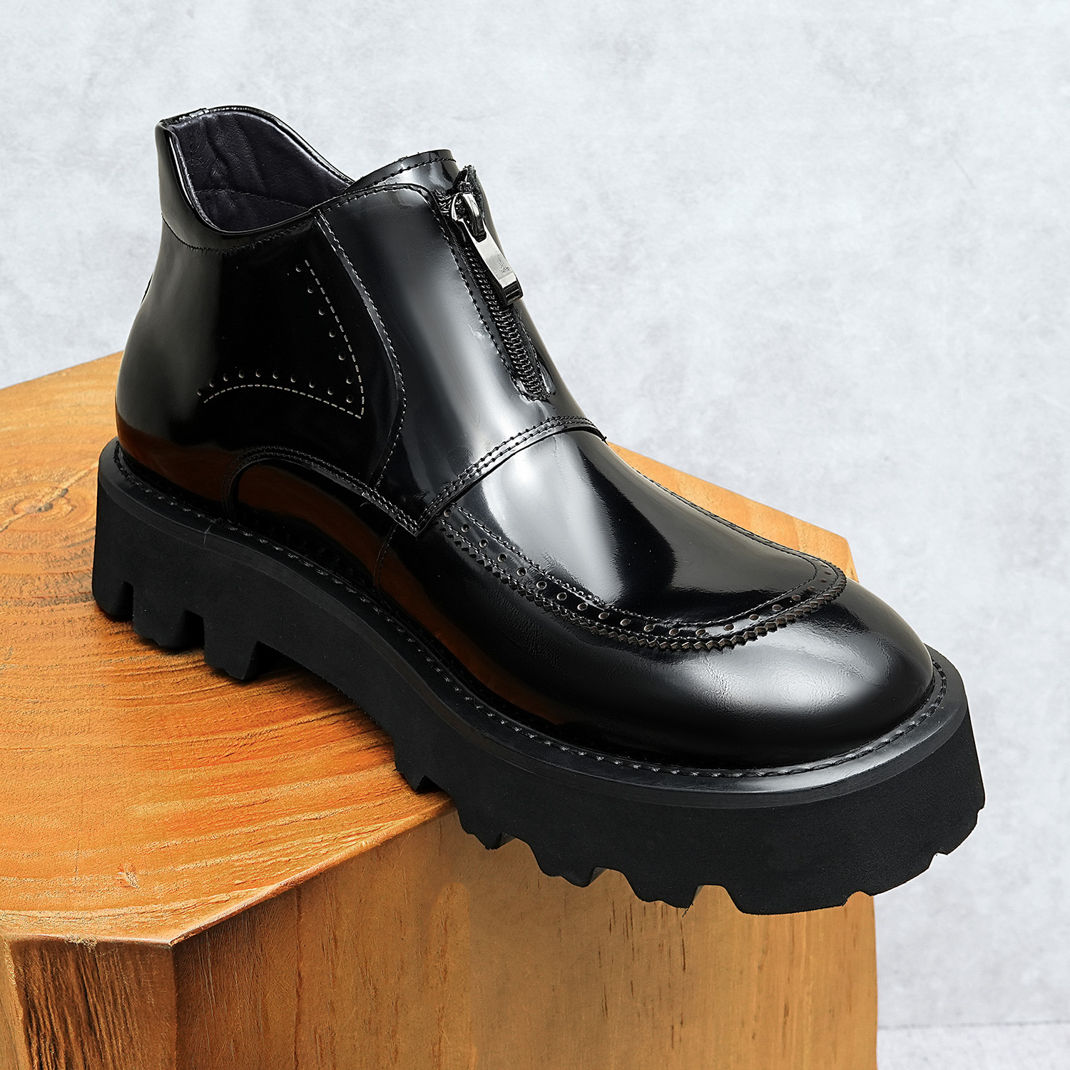 High Top Mens Full Grain Leather Work Boots - Smooth Shine Design & Durable Construction for Everyday Wear