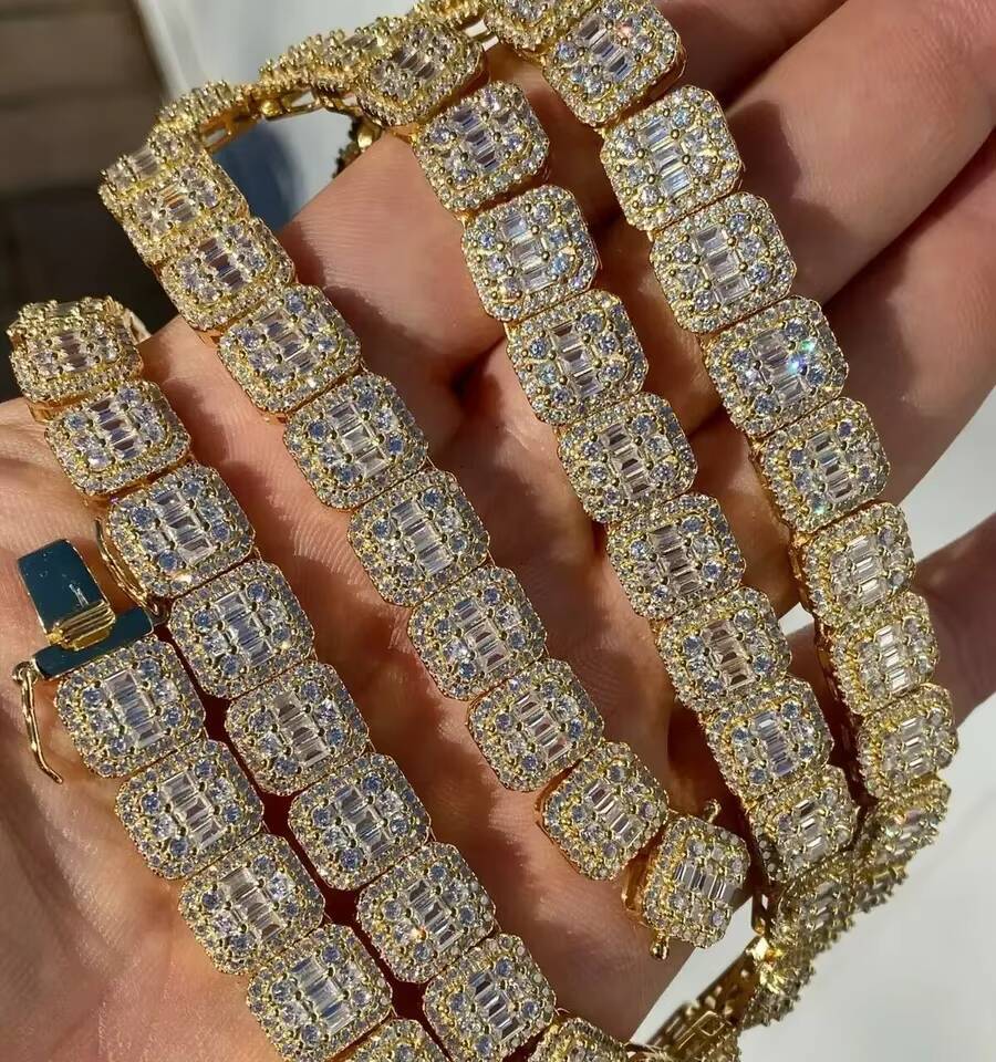 Fine Jewelry Necklace 12mm High Quality Sterling Silver Full Iced Baguette Mens Hip Hop Moissanite Tennis Chain Necklace