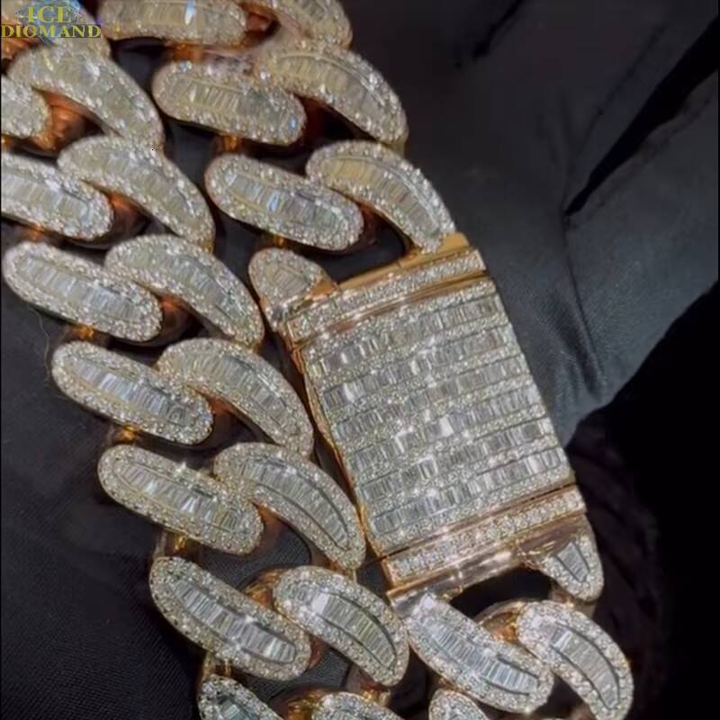 High Quality Rangular Fudge Iced VVS Moissanite Cuban Link Prong Inlaid 925 Silver Plated 18K Real Gold Cuban Necklace