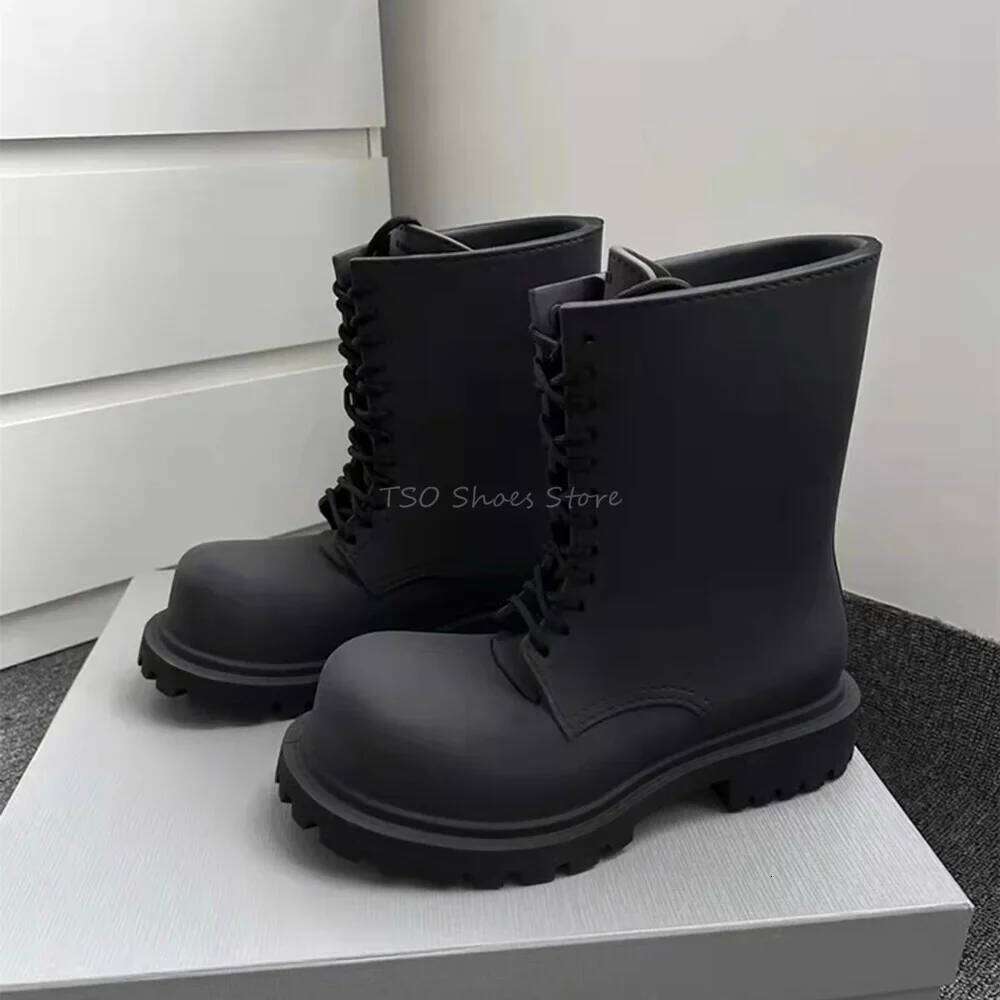 Thick Bottom Black for Men New Women Derby Toe Lace Up Short Boots Brand Design Male Big Size 40-45