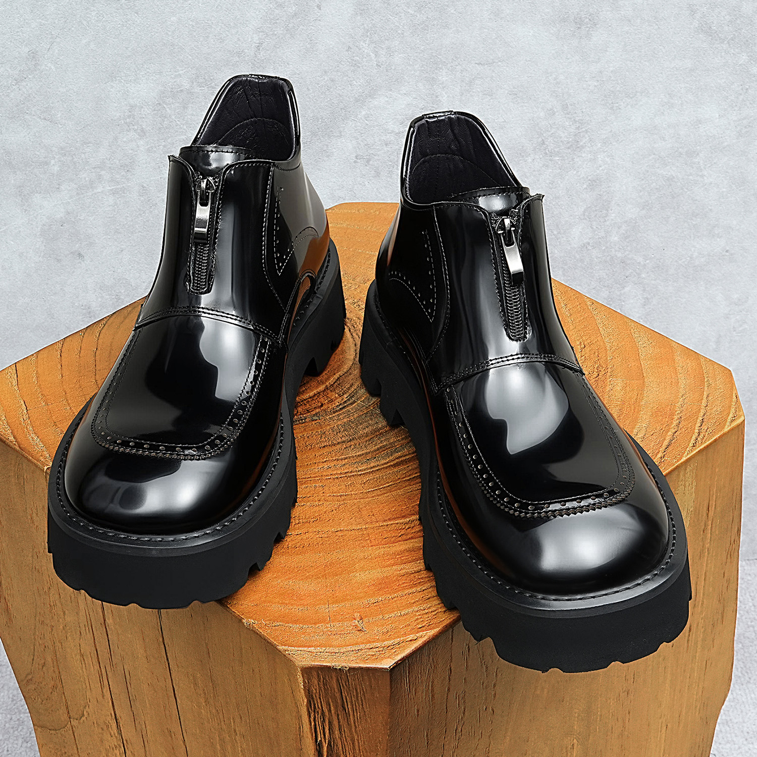 High Top Mens Full Grain Leather Work Boots - Smooth Shine Design & Durable Construction for Everyday Wear