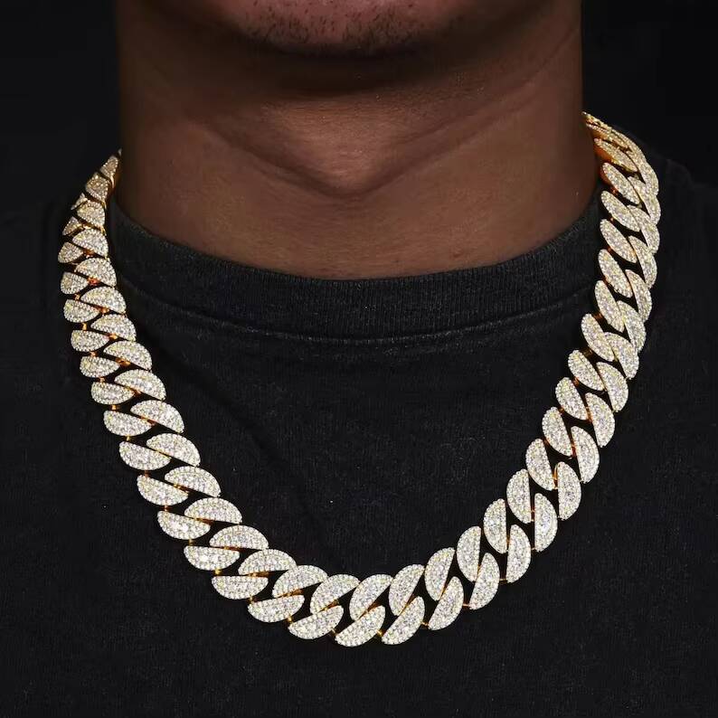 20mm Iced Out Hiphop Rock Gold Plated Necklaces 925 Sterling Silver Sparkling VVS Moissanite Cuban Link Chain