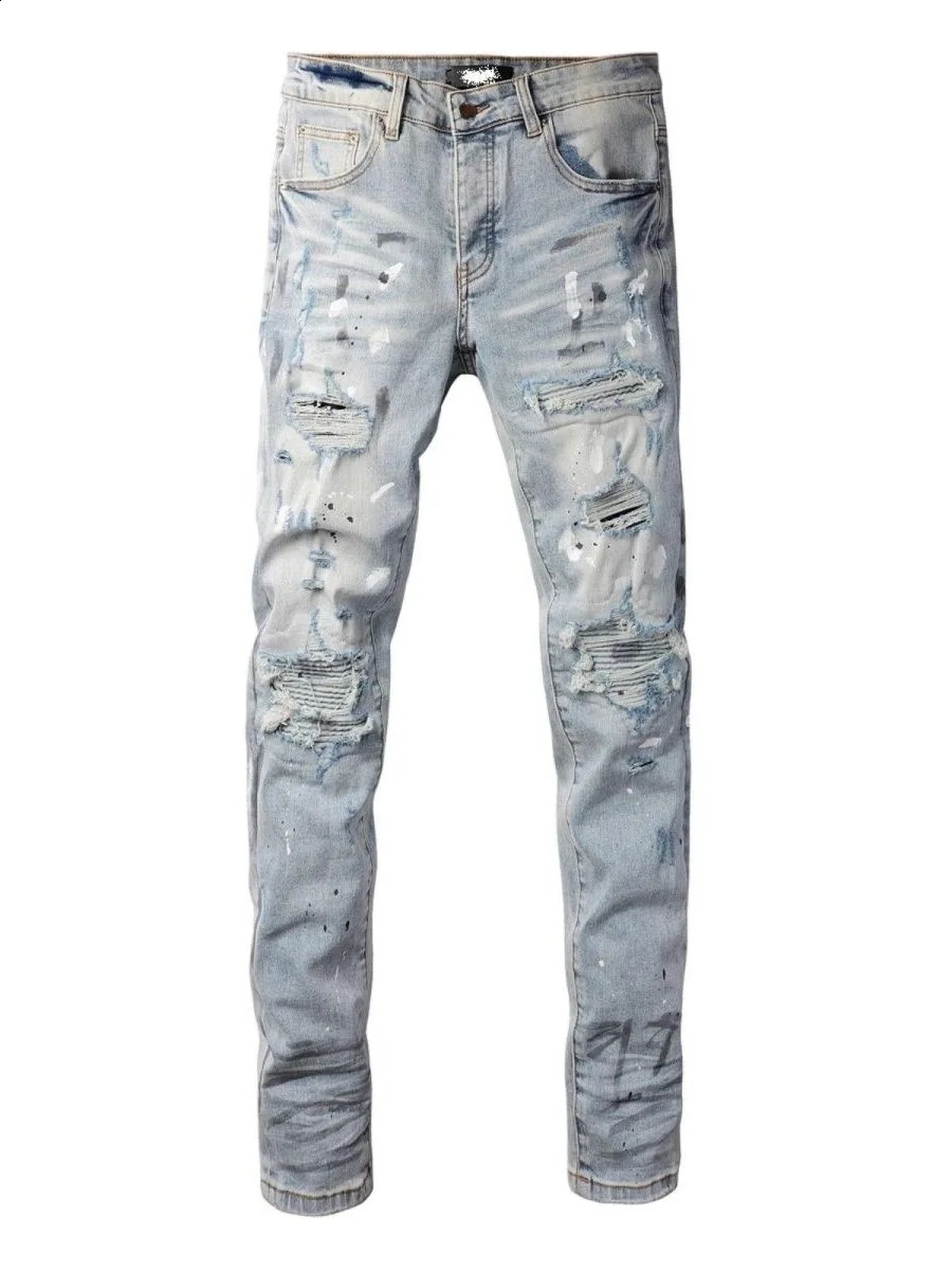 Mens Denim Jeans Trendy Hole Patch Elastic Paint Splatter Light Color High Street Slim Long Pants Casual Sle 250921