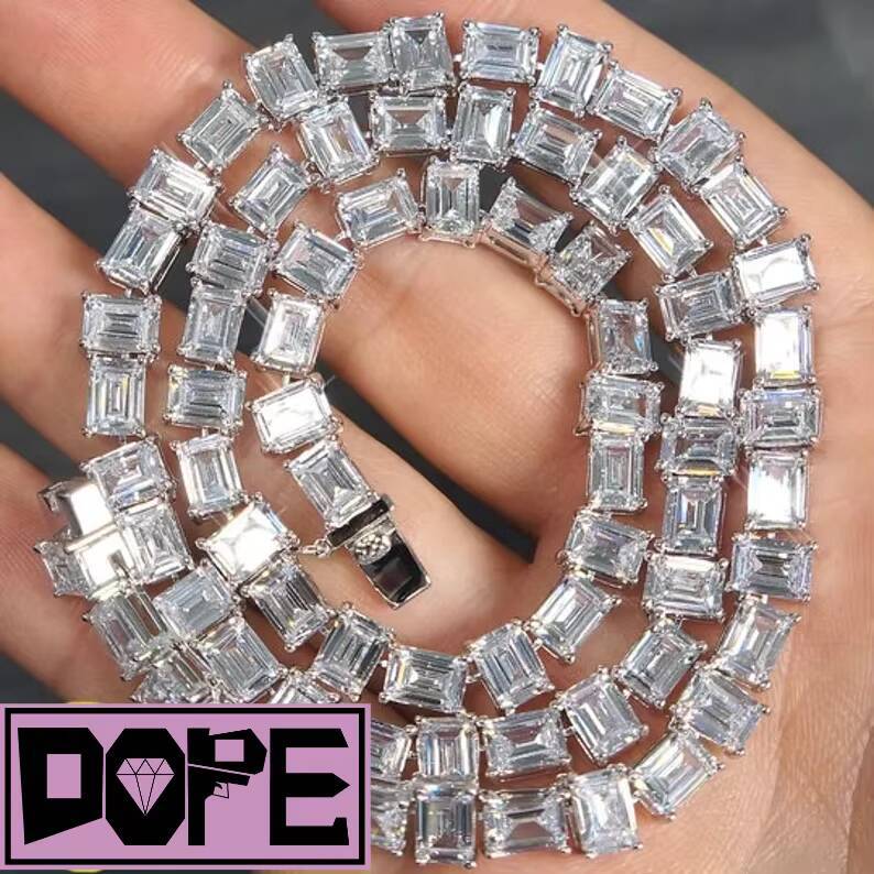 Baguette Iced Out VVS Hiphop 8MM Sugar Chain Tennis Necklace 925 Sterling Silver Sparkling Moissanite Tennis Chain