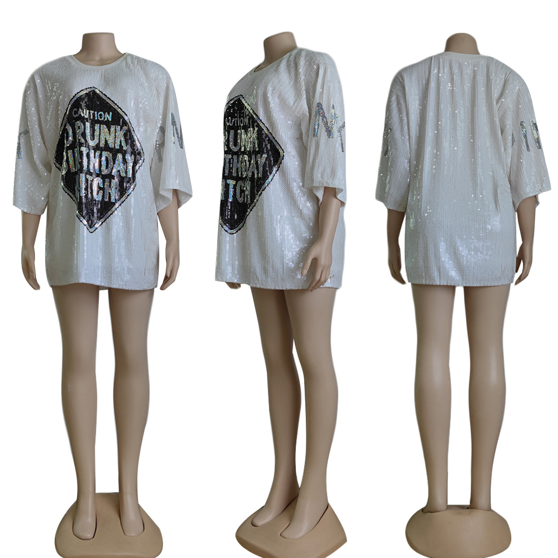 Streetwear Hip Hop Women's T-Shirt Loose Short Sleeved Round Neck Night Club Letter Sequined Top